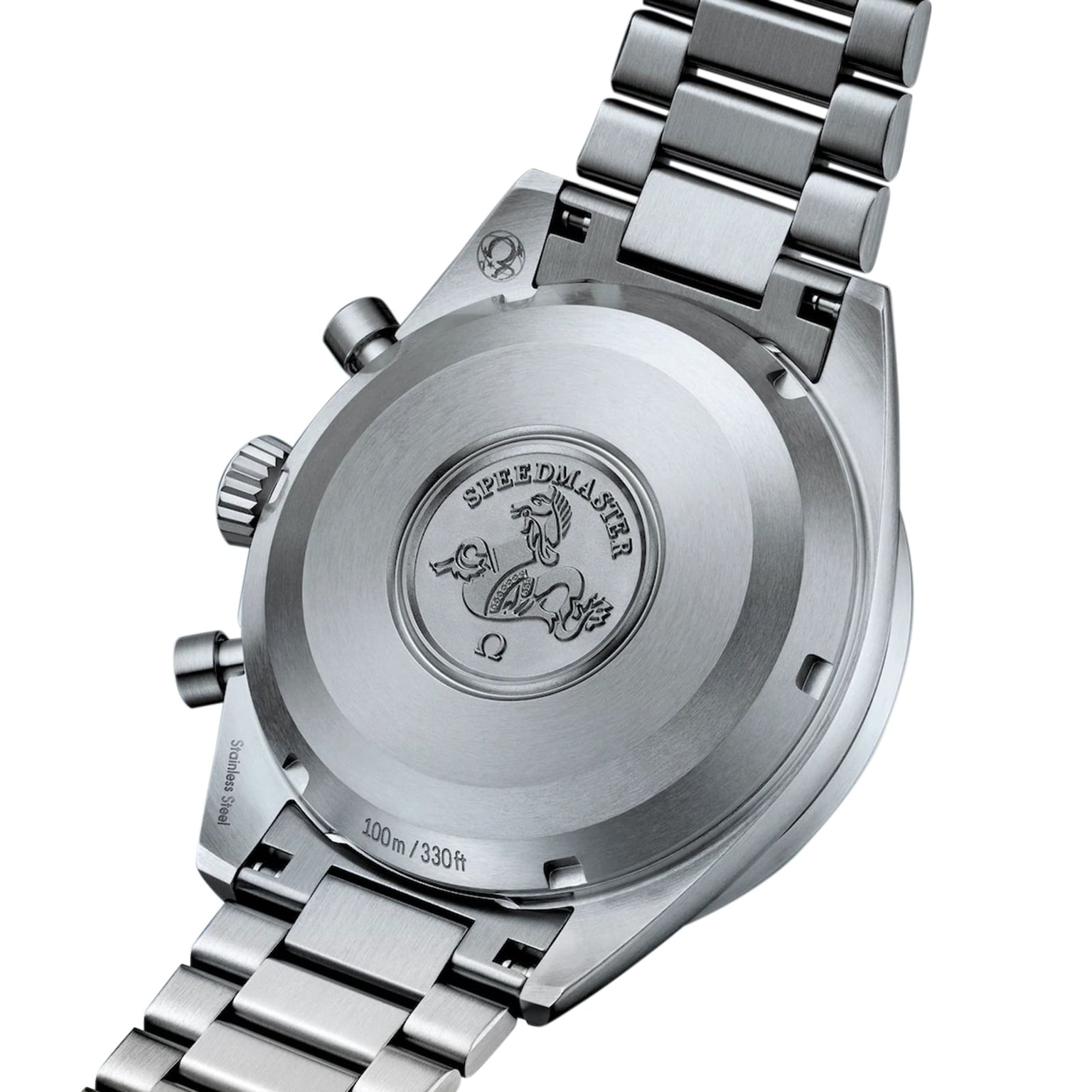 Close-up of the back of an OMEGA Speedmaster Pilot stainless steel watch, featuring the engraved logo, commemorative text marking its Moon landing legacy, and a detailed metal bracelet.