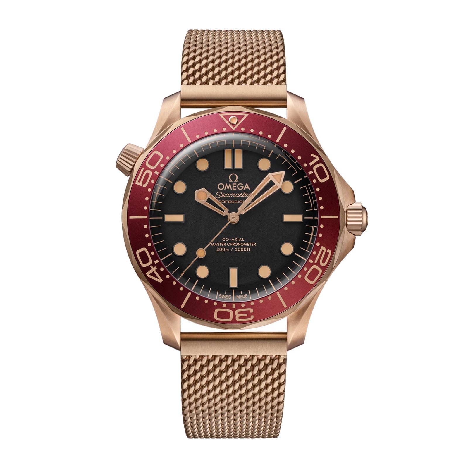 The OMEGA Seamaster Diver 300M with a red bezel, black dial, gold indices, and gold mesh strap is displayed on a white background.