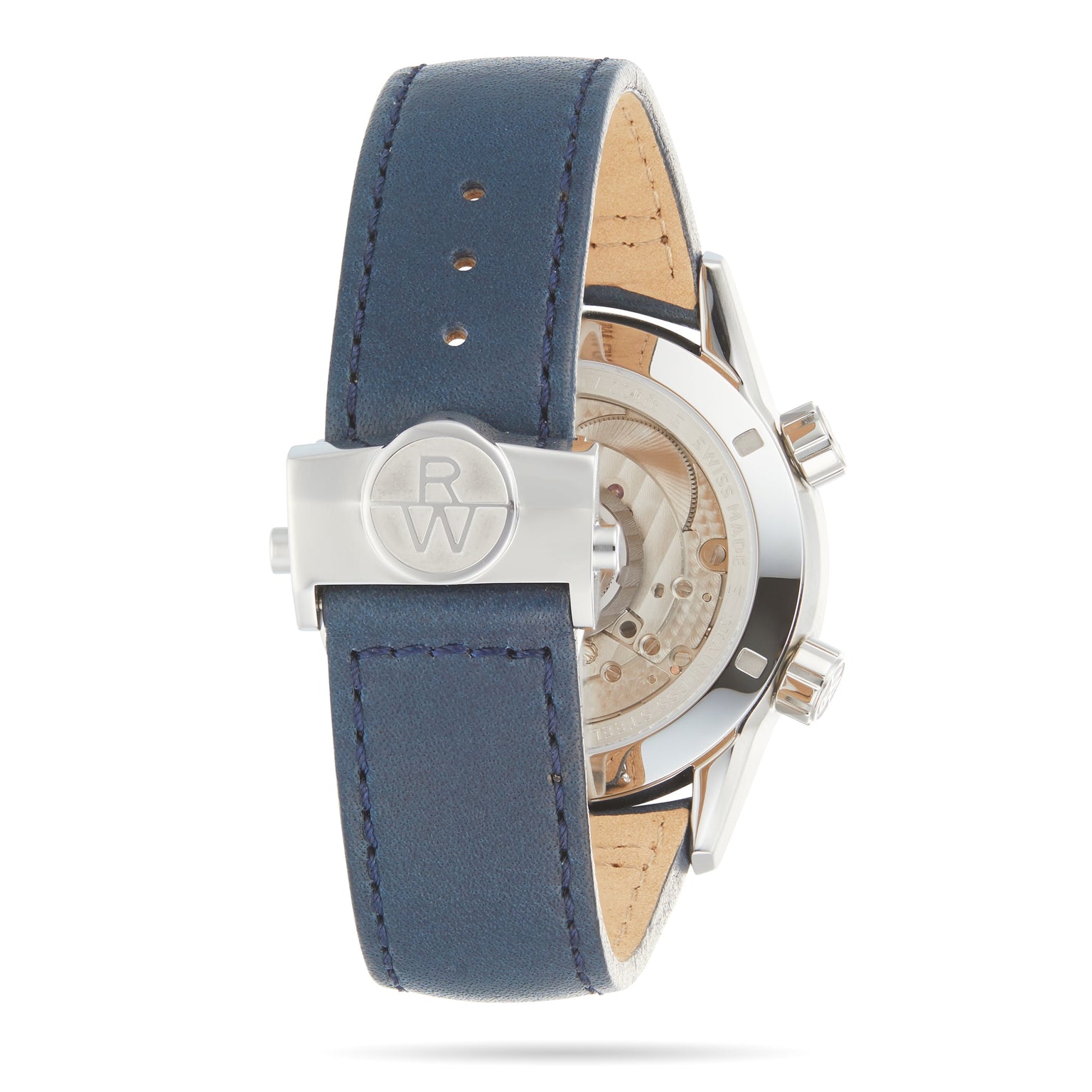 A close-up of the Raymond Weil Freelancer GMT Blue Dial’s back, featuring a blue leather strap, metal RW-engraved clasp, and a partly visible transparent case back that reflects its Swiss craftsmanship.