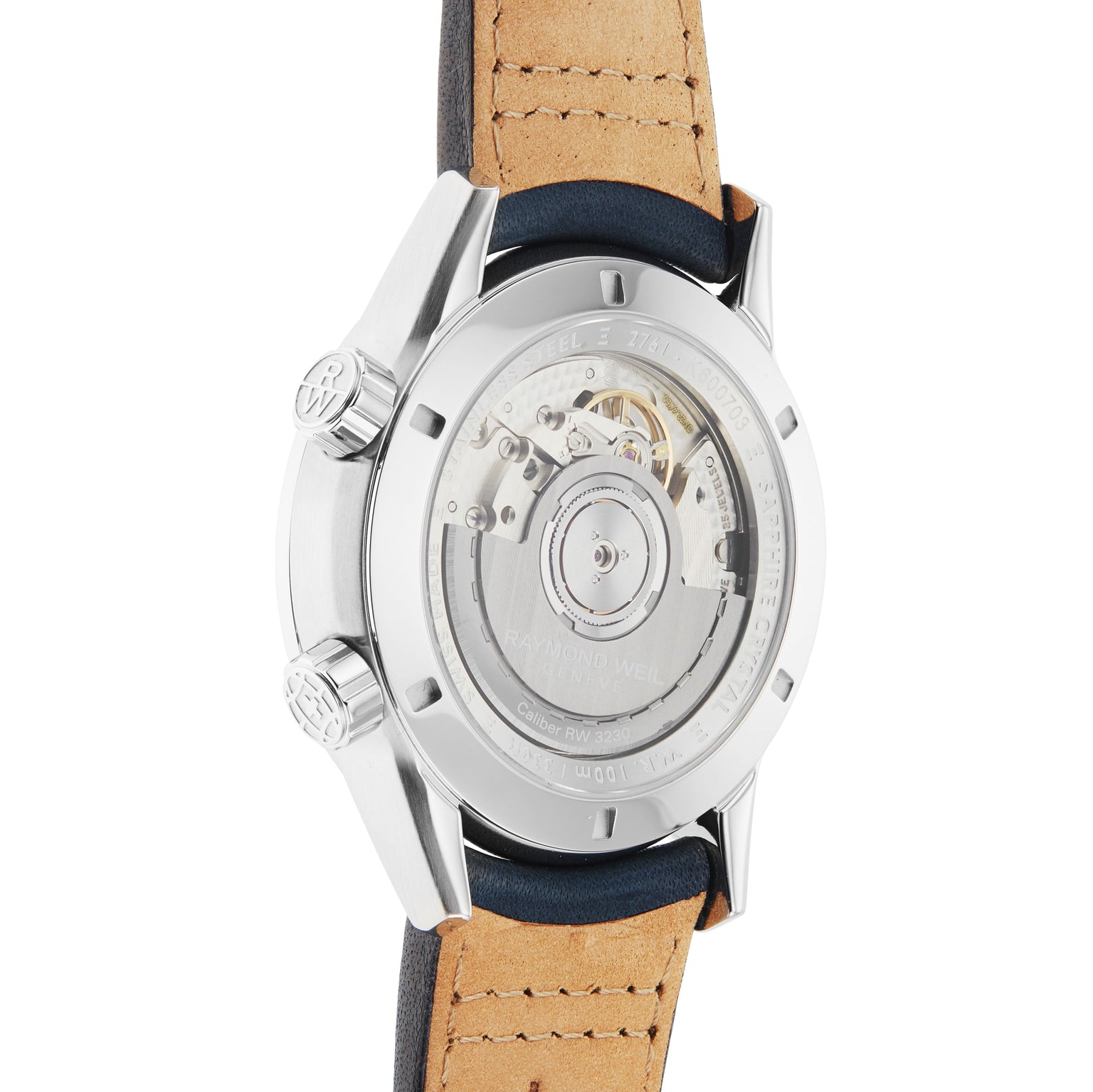The Raymond Weil Freelancer GMT Blue Dial is a Swiss-quality stainless steel watch featuring a transparent case back to showcase its mechanical movement, two side crowns, and a brown leather strap.