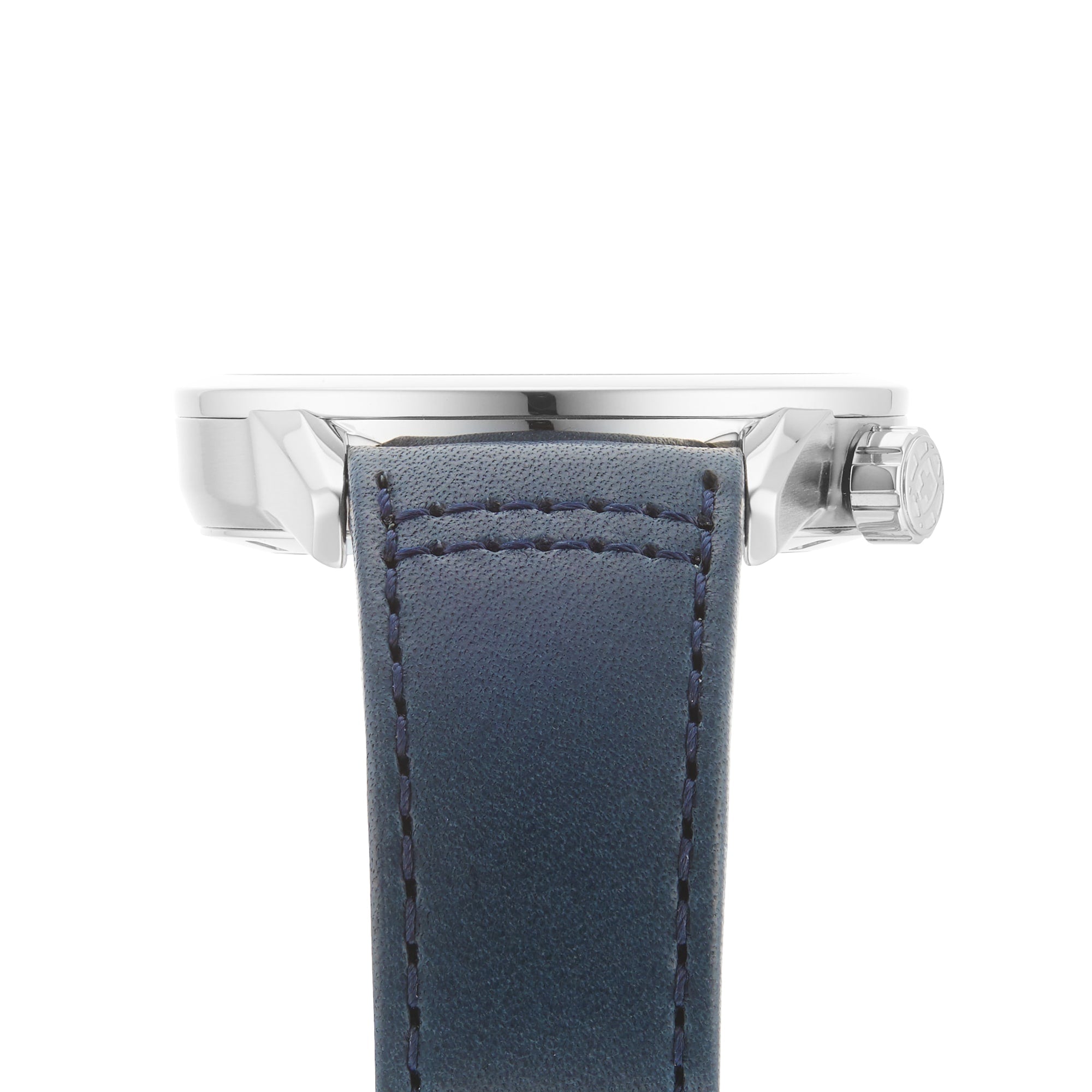 Side view of the Raymond Weil Freelancer GMT Blue Dial wristwatch featuring a blue leather strap, stainless steel case, and visible crown on the right, exemplifying Swiss quality craftsmanship.