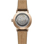 Back view of the Raymond Weil Millesime Automatic Silver Sector Dial showing its automatic movement through a transparent case back, with a brown leather strap and engraved specifications on the metal rim.