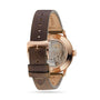 Back view of the Raymond Weil Millesime Automatic Silver Sector Dial watch, featuring a brown leather strap, rose gold clasp, and a visible mechanical movement through its transparent case back.