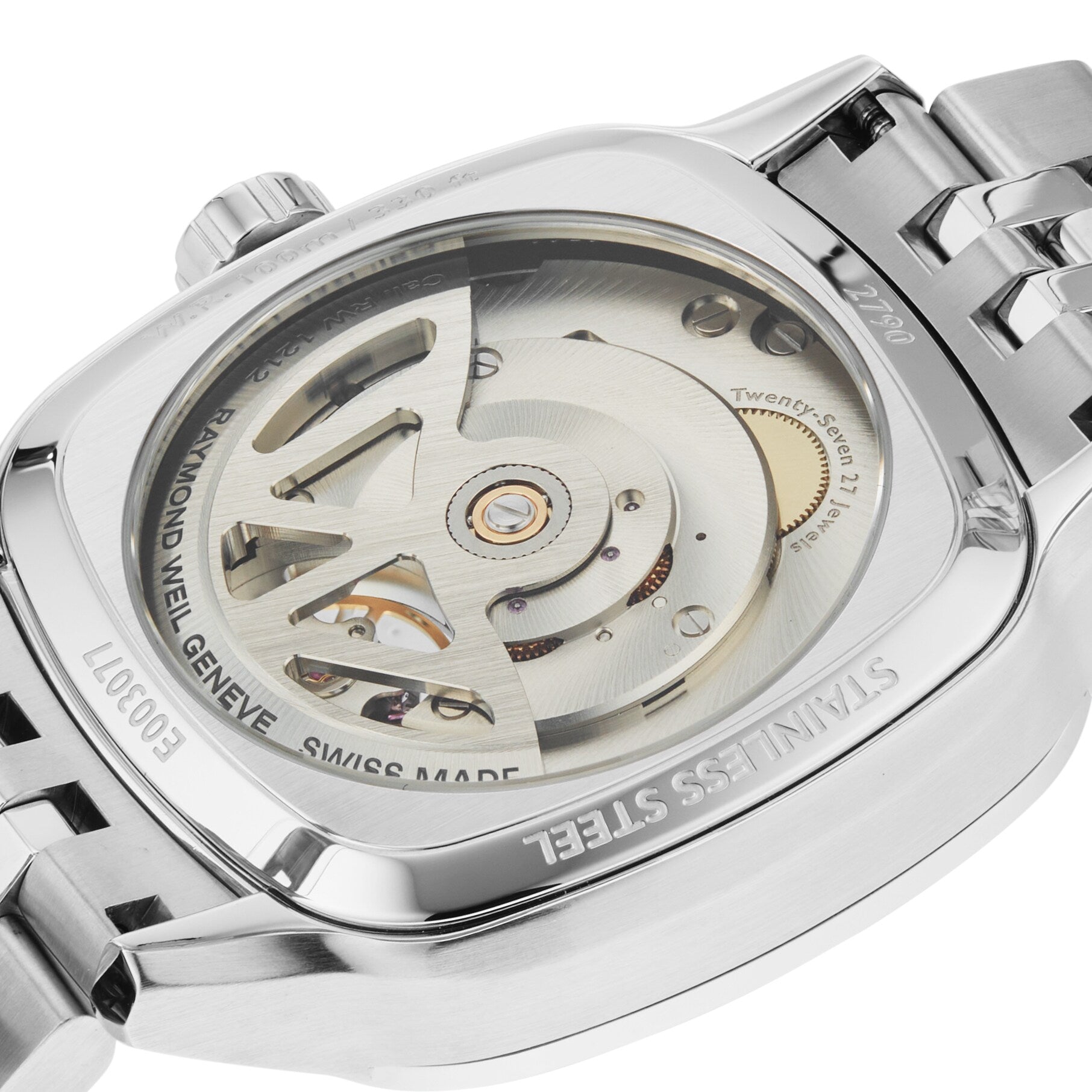 Close-up of the Raymond Weil Freelancer Calibre RW1212 Automatic Blue Dial, showcasing its stainless steel back and transparent case that reveals the automatic movement—a fusion of watchmaking excellence and contemporary urban style.