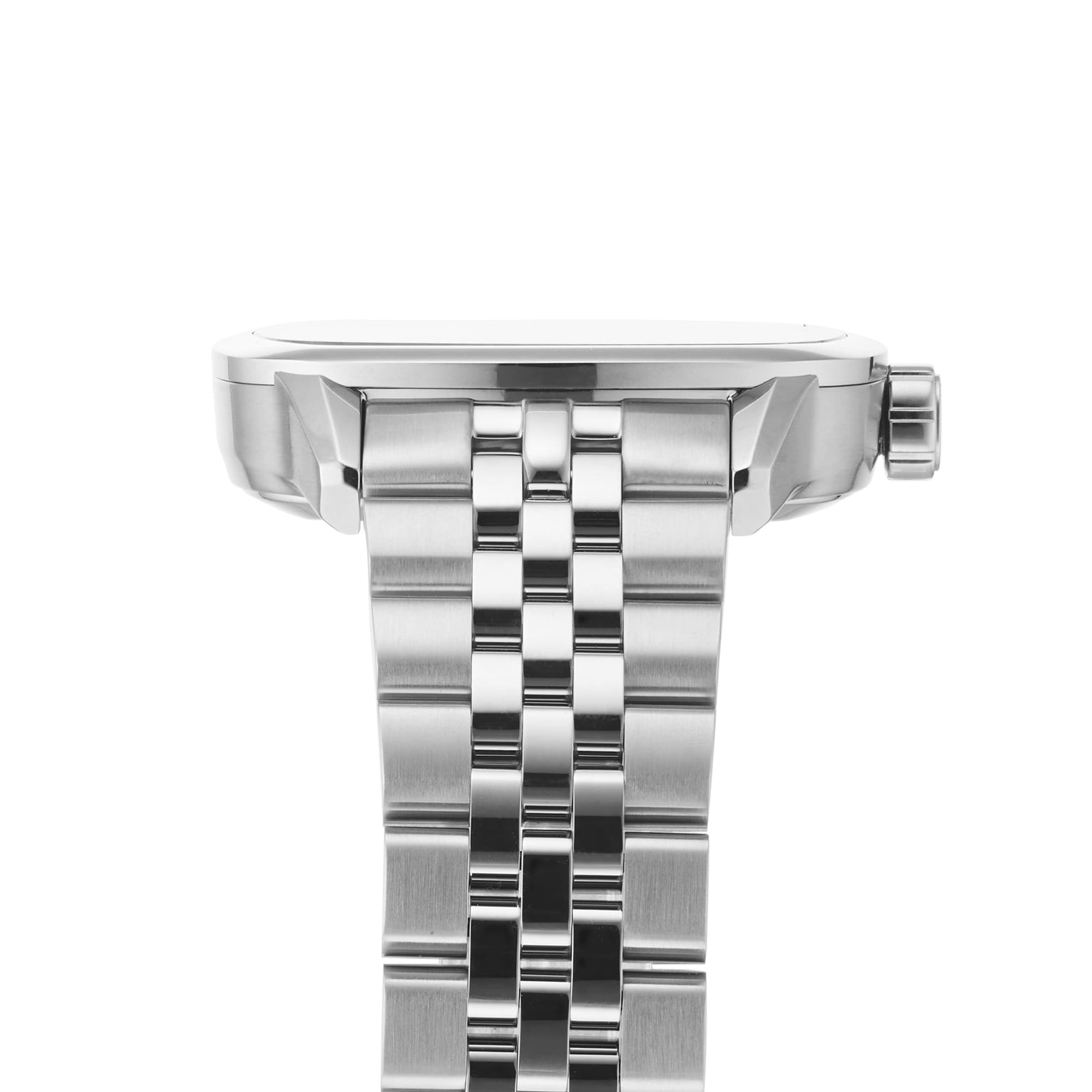 Side view of the Raymond Weil Freelancer Calibre RW1212 Automatic Blue Dial, highlighting its robust stainless steel case and metal link bracelet in focus against a white background.