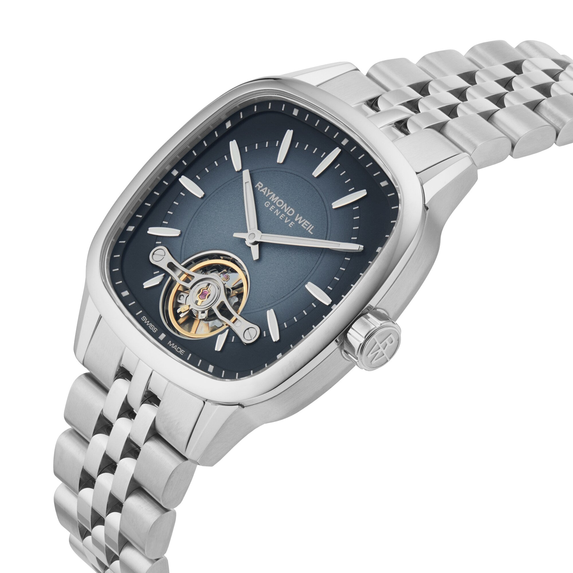 The Raymond Weil Freelancer Calibre RW1212 features a robust masculine case, blue dial with silver hour markers, visible tourbillon mechanism, and metal link bracelet—ideal for fans of distinctive mechanical watches.