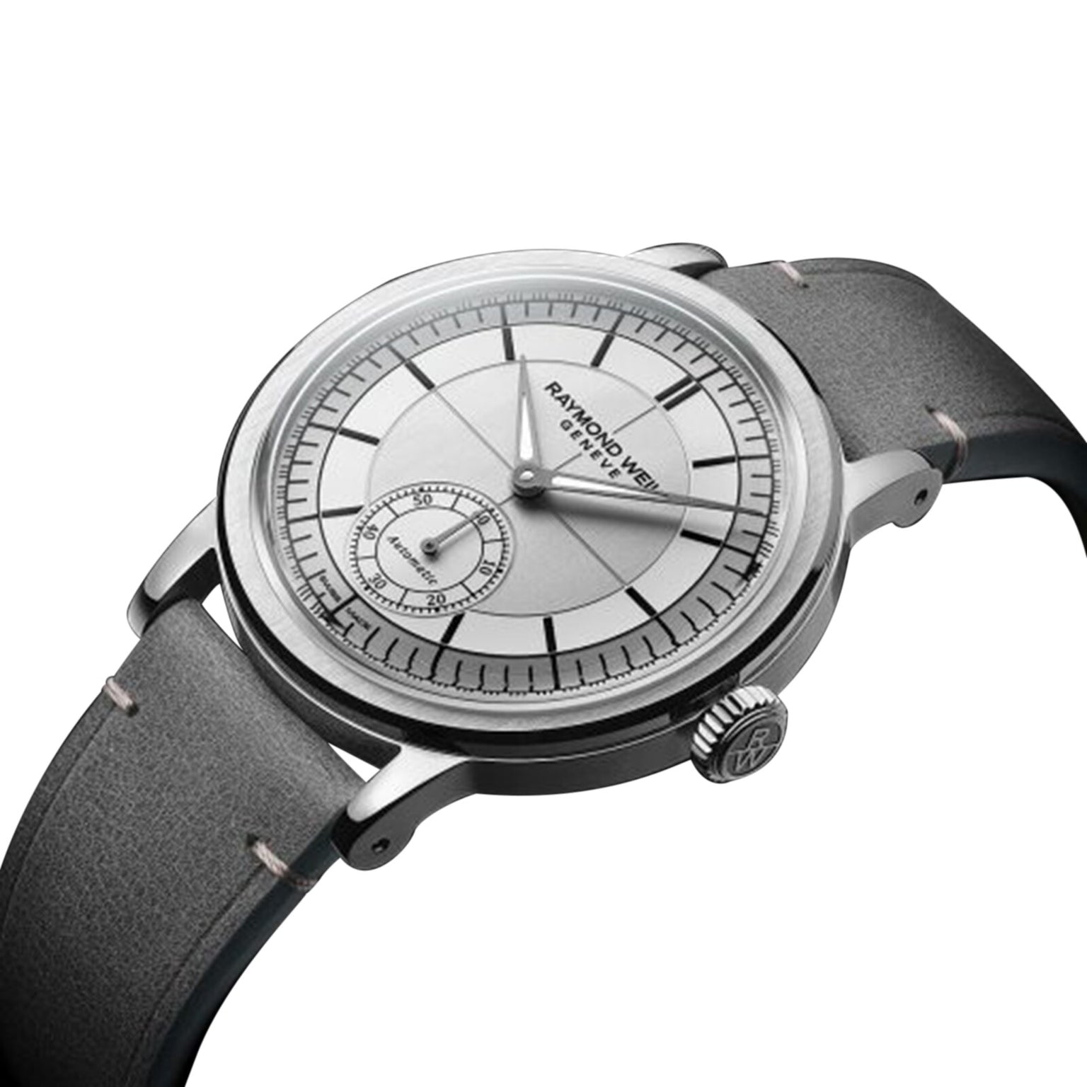 The Raymond Weil Millesime Automatic Small Seconds Silver Sector Dial features a round face, black hour markers, a small seconds subdial, and a grey leather strap—a sophisticated timepiece from the Millesime Collection.