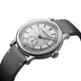 The Raymond Weil Millesime Automatic Small Seconds Silver Sector Dial features a round face, black hour markers, a small seconds subdial, and a grey leather strap—a sophisticated timepiece from the Millesime Collection.