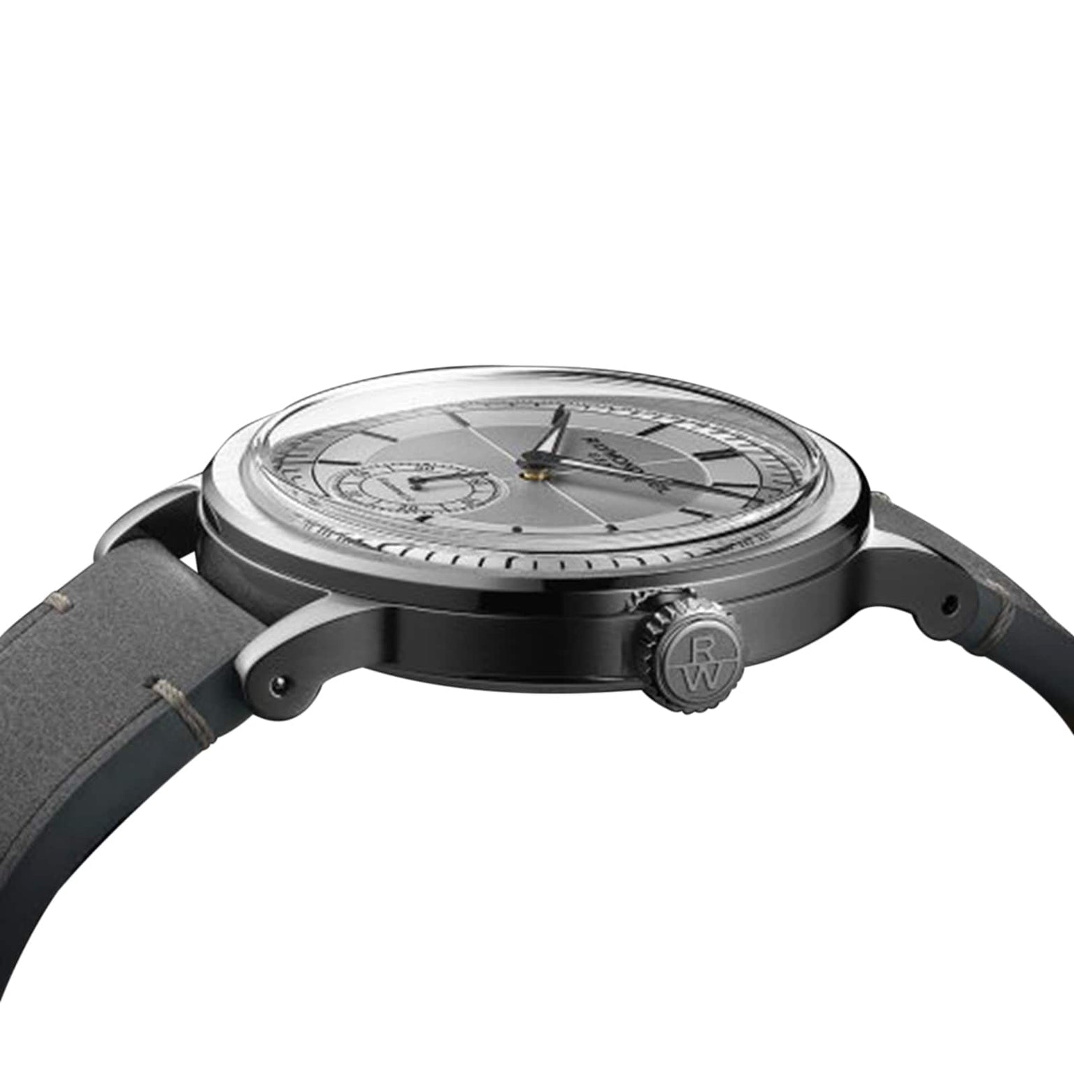 Side view of the Raymond Weil Millesime Automatic Small Seconds Silver Sector Dial, showcasing its grey leather strap, round stainless steel case, and textured dial reflecting classic horology with traditional analog display.