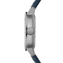 Side view of the Raymond Weil Freelancer Automatic 60 Diamonds Blue Dial wristwatch with a silver cushion-shaped case, textured crown, engraved logo, blue leather strap, and Swiss-made movement against a white background.