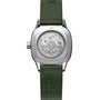 The Raymond Weil Freelancer Automatic 60 Diamonds Green Dial features a square silver case, transparent back showcasing its Swiss-made movement, and a green leather strap.