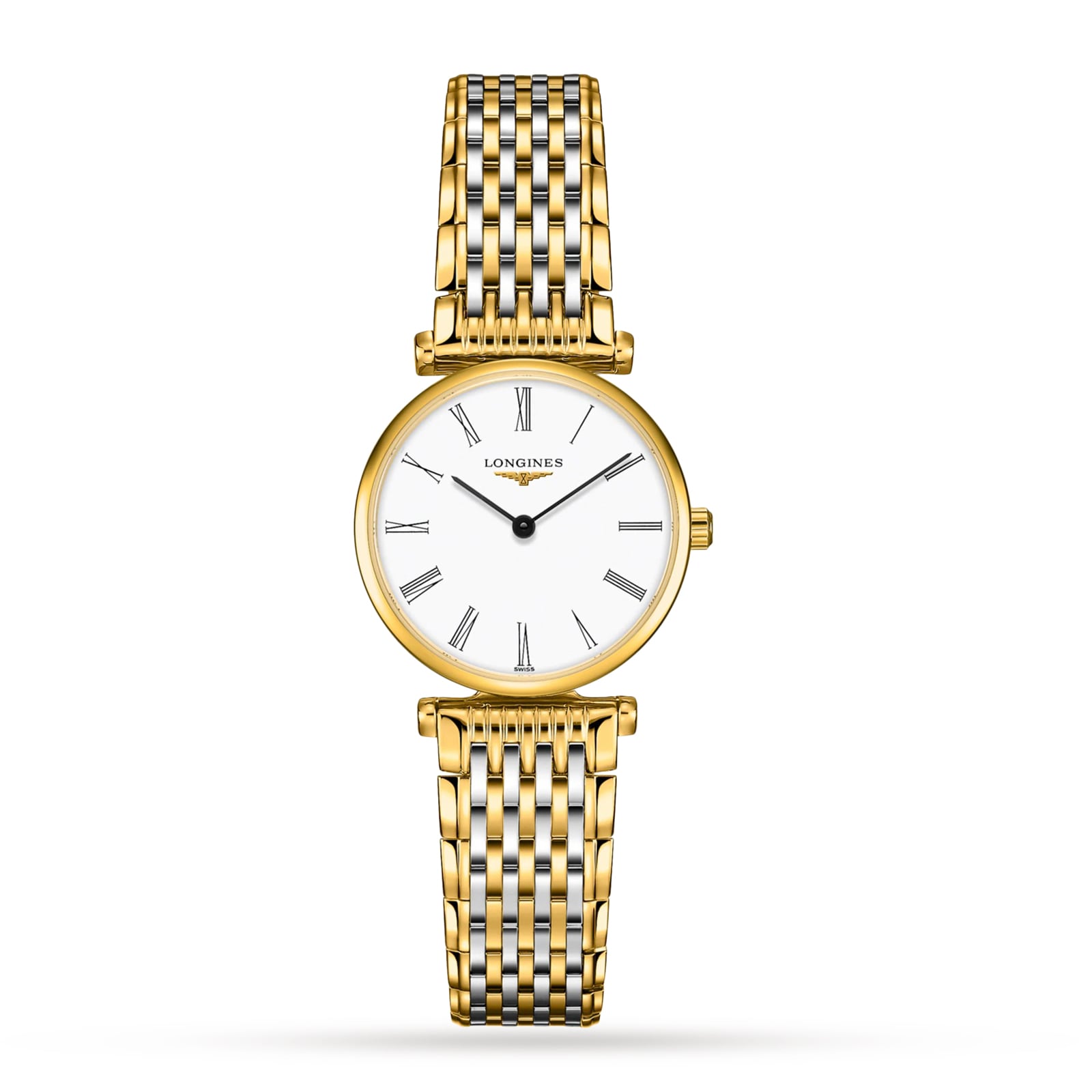 The La Grande Classique de LONGINES by Longines features a white face with Roman numerals and a linked gold bracelet, shown on a white background.