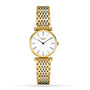The La Grande Classique de LONGINES by Longines features a white face with Roman numerals and a linked gold bracelet, shown on a white background.