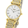 The La Grande Classique de LONGINES by Longines is a gold and silver wristwatch featuring a white face with black Roman numeral hour markers.
