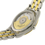 Close-up of the Longines Flagship wristwatchs back, showcasing its visible L592 calibre movement and two-tone metal bracelet.