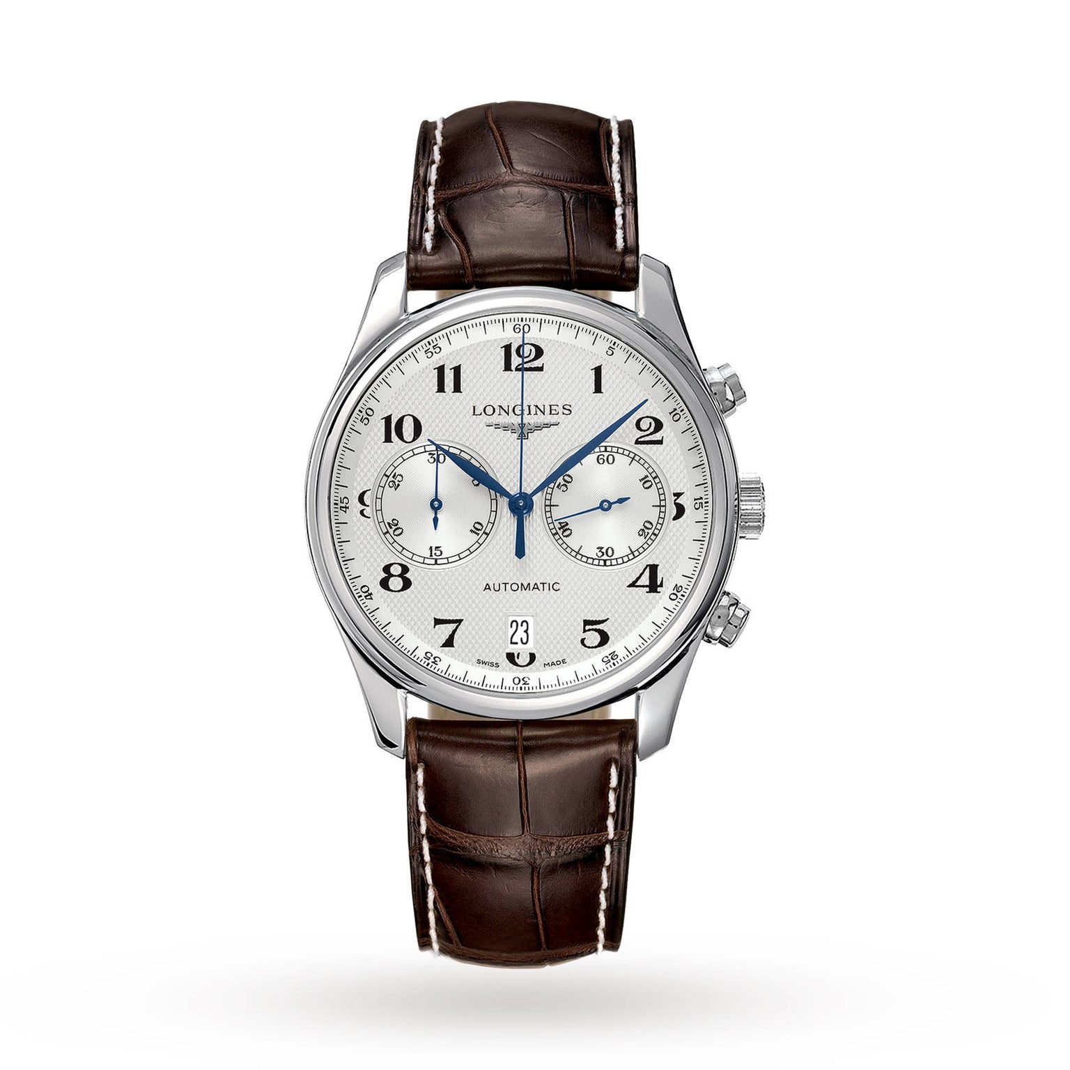 The Longines Master Collection Chronograph features a silver case, white dial, blued steel hands, black Arabic numerals, two subdials, date display at 6 o’clock, and a brown leather strap for classic appeal.