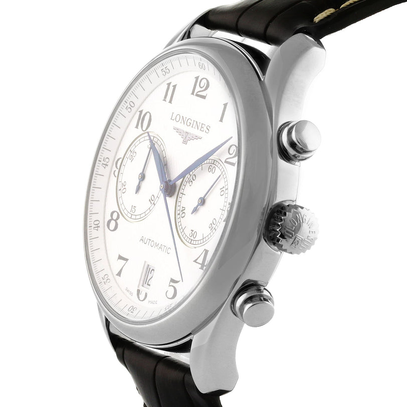 The Longines Master Collection Chronograph is a silver wristwatch with vintage charm, showcasing a white dial, blued steel hands, black numerals, and a black leather strap in an angled side view.