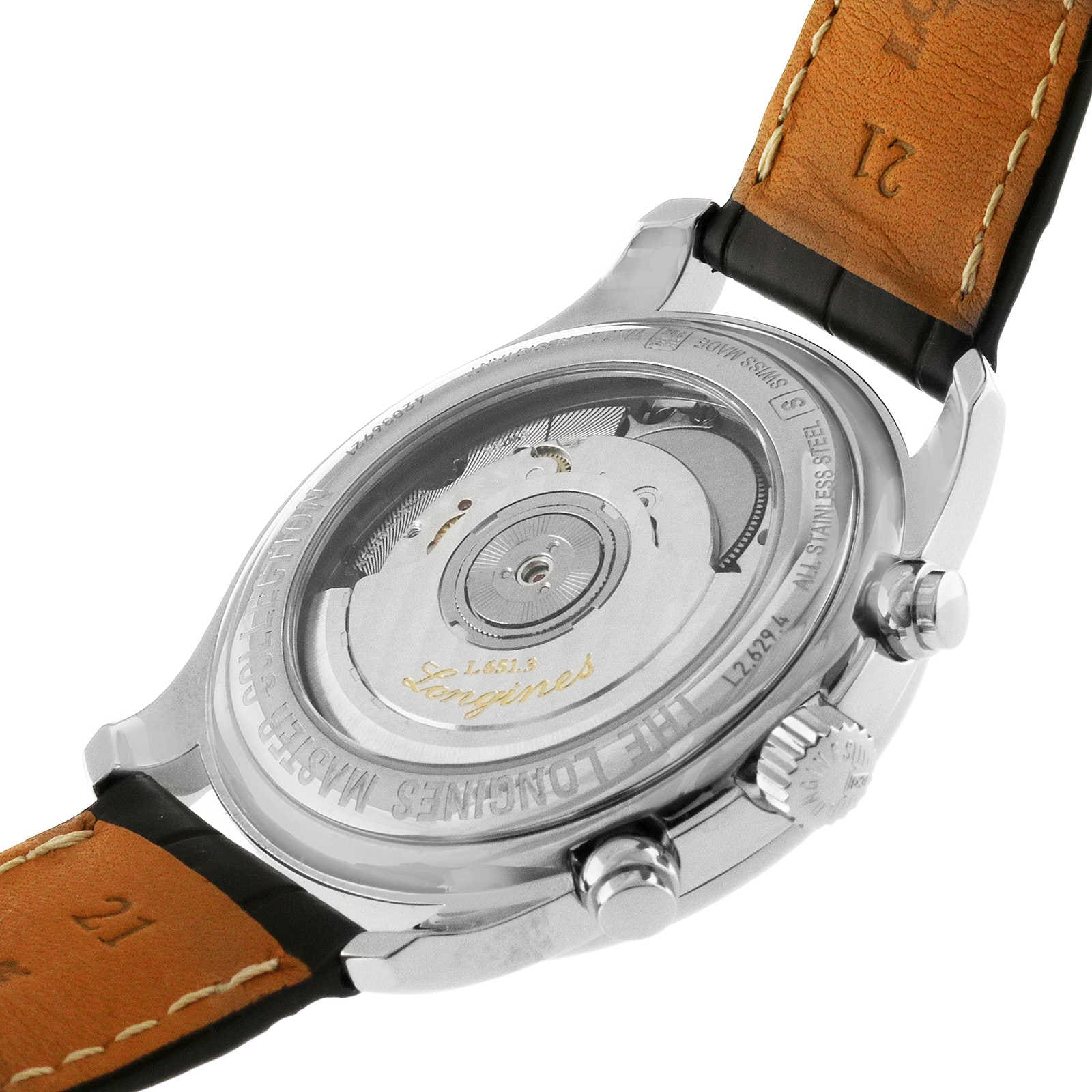 Close-up of the Longines Master Collection Chronograph shows its exposed automatic movement, vintage-style engravings on the stainless steel case, and the refined detailing of its leather strap.