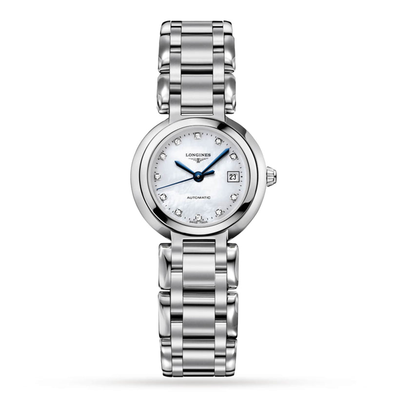The Longines PrimaLuna is a stainless steel wristwatch with a round face, diamond-set dial, date display, and linked metal bracelet, displayed against a white background.