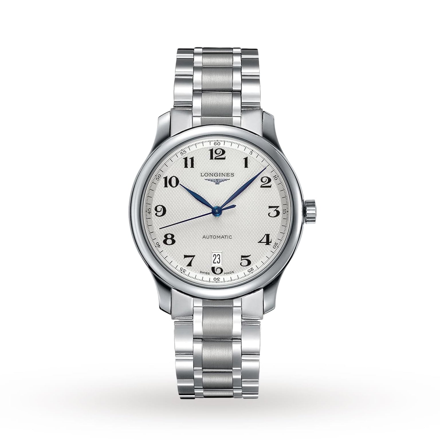 The Longines Master Collection features a Swiss-made stainless steel men’s wristwatch with a round silver dial, black Arabic numerals, blue hands, date at 6 o’clock, metal bracelet band, and precision automatic movement.