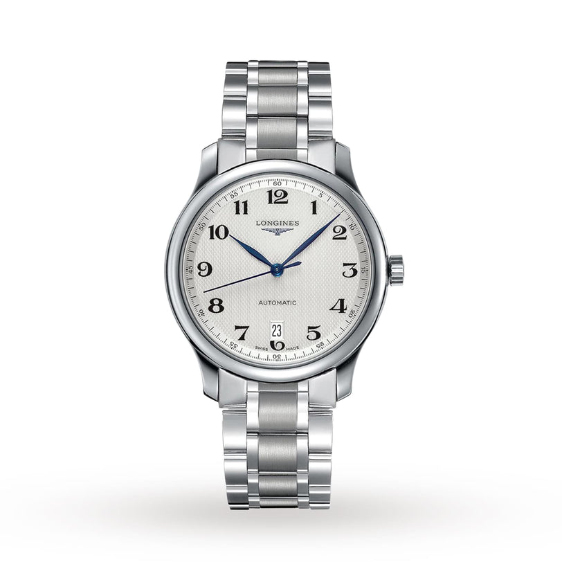 The Longines Master Collection features a Swiss-made stainless steel men’s wristwatch with a round silver dial, black Arabic numerals, blue hands, date at 6 o’clock, metal bracelet band, and precision automatic movement.