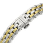 The Longines Flagship watch features a two-tone silver and gold bracelet with Longines engraved on the clasp.
