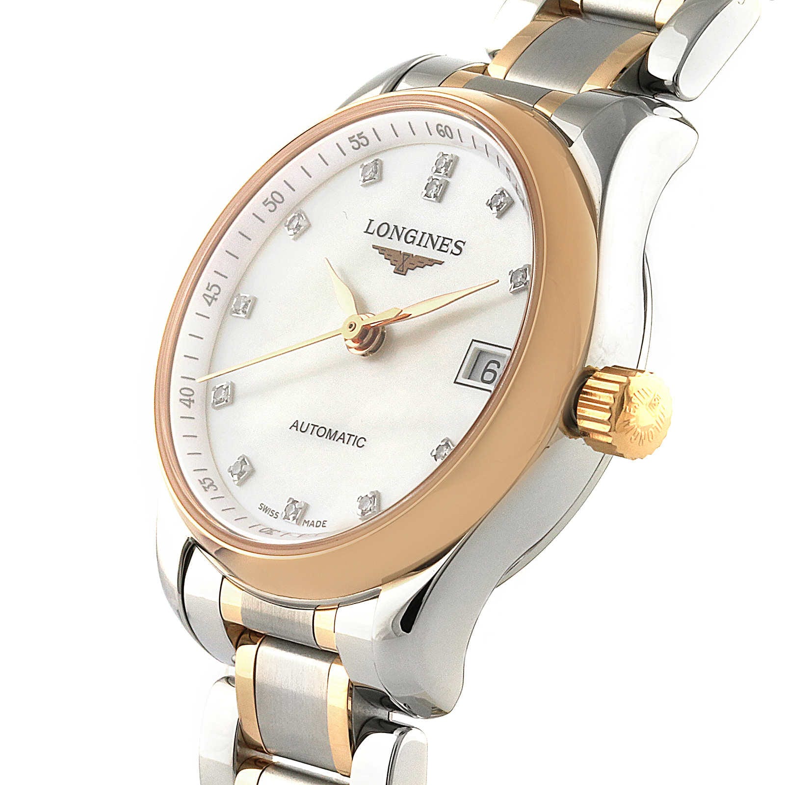 The Longines Master Collection features an automatic movement, mother-of-pearl dial with diamond hour markers, gold accents, metal bracelet, and a date display at 3 o’clock.