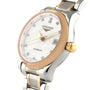 The Longines Master Collection features an automatic movement, mother-of-pearl dial with diamond hour markers, gold accents, metal bracelet, and a date display at 3 o’clock.