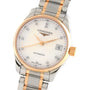 The Longines Master Collection automatic watch features a mother-of-pearl dial, diamond hour markers, silver and rose gold bracelet, and a date display set to the 6th.
