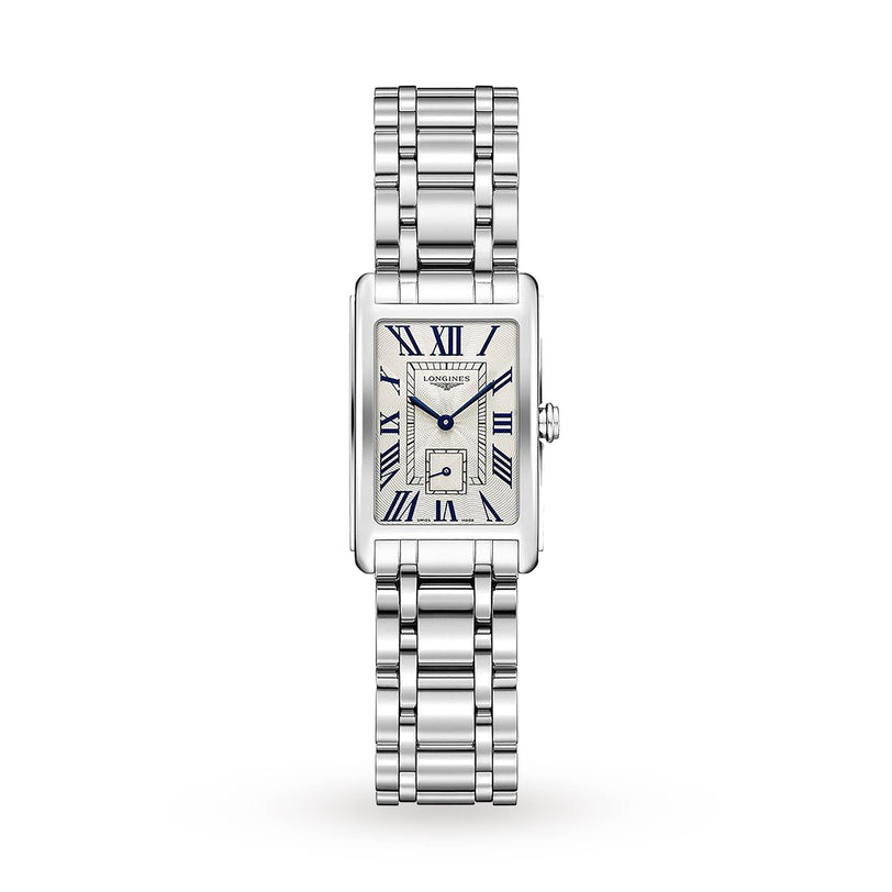 The Longines DolceVita is a rectangular silver wristwatch with a metal link band, Roman numerals, blue hands, small seconds subdial on a white face, and precise quartz movement.