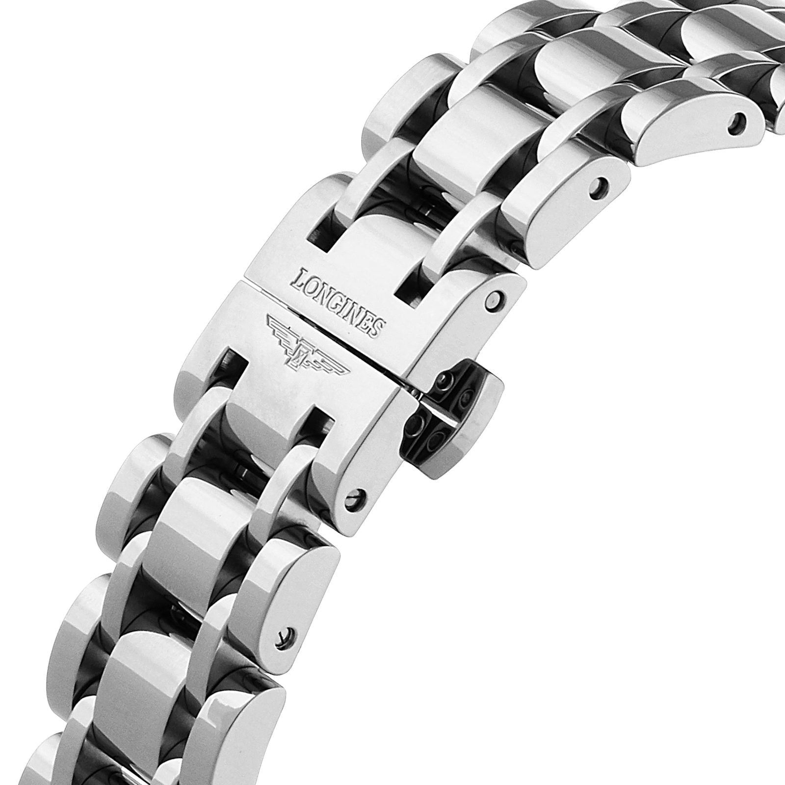 Close-up of a silver metal watch bracelet with a folding clasp featuring the Longines logo and engraved branding—showcasing the refined style of the Longines DolceVita collection.
