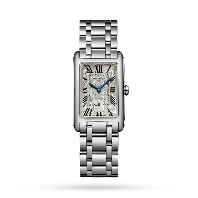 The Longines DolceVita is an elegant rectangular watch featuring a stainless steel case, metal link band, Roman numeral markers, blue hands, and a date display at 6 o’clock.