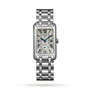 The Longines DolceVita is an elegant rectangular watch featuring a stainless steel case, metal link band, Roman numeral markers, blue hands, and a date display at 6 o’clock.