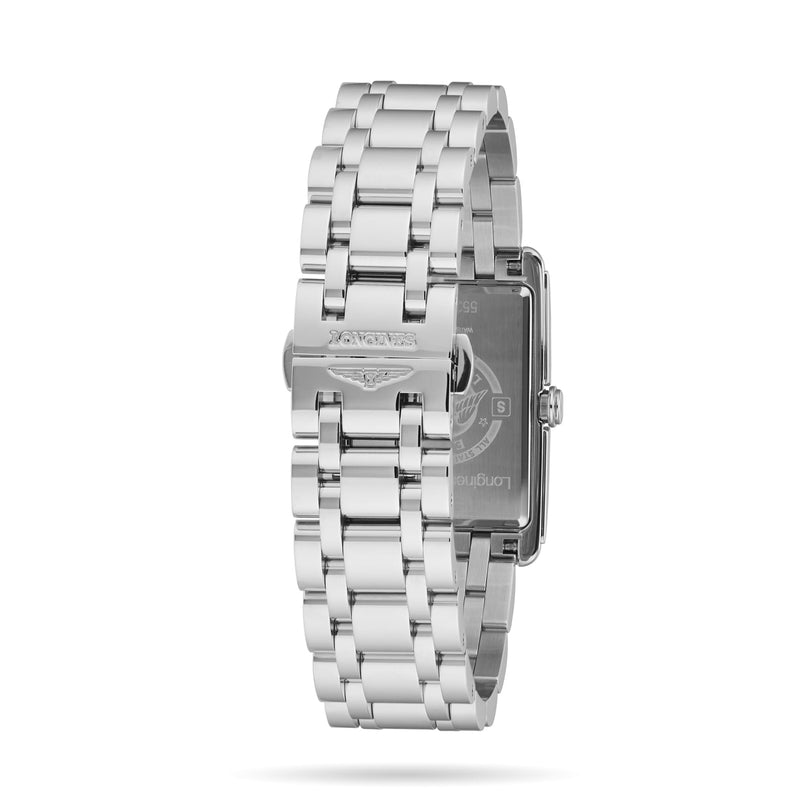 The Longines DolceVita features a rectangular stainless steel case with a metal link bracelet, shown from the back to highlight its clasp and engraved caseback.