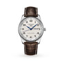 The Longines Master Collection wristwatch has a silver ‘barleycorn’ dial, blue hands, Arabic numerals, day and date displays, and a brown leather strap.