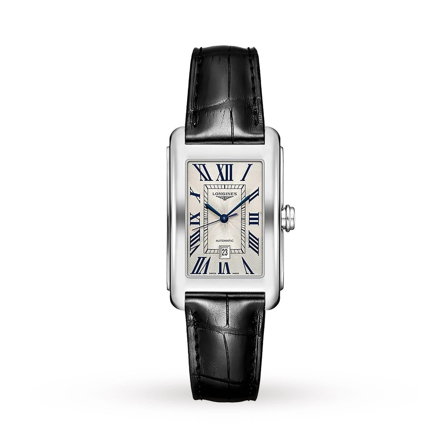 The Longines DolceVita wristwatch features a rectangular stainless steel case, white dial with blue hands, black Roman numerals, and a black leather strap, displayed on a white background.