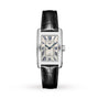 The Longines DolceVita wristwatch features a rectangular stainless steel case, white dial with blue hands, black Roman numerals, and a black leather strap, displayed on a white background.