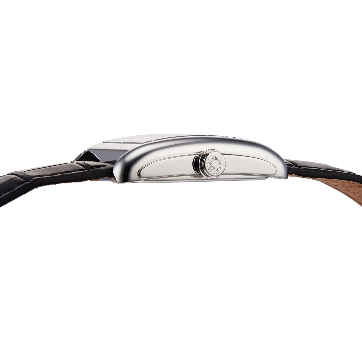 Side view of the Longines DolceVita watch, featuring a rectangular stainless steel case, black leather strap, and a crown with an engraved sunburst design.