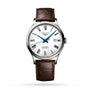 The Longines Record features a silver case, white dial, blue hands, Roman numerals, date display, and brown leather strap. This chronometer-certified automatic wristwatch boasts a silicon balance spring and is shown on a white background.