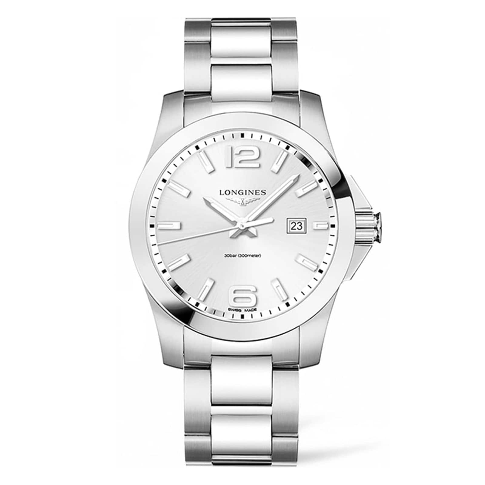 The Longines Conquest features a silver metal band, silver dial, date display at 3 o’clock, and bold numerals at 6, 9, and 12. Its sporting elegance is matched by precise automatic movement.