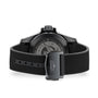 The image displays the back view of the Longines HydroConquest, highlighting its black rubber strap and a case back engraved with the brand logo and details of its automatic movement.