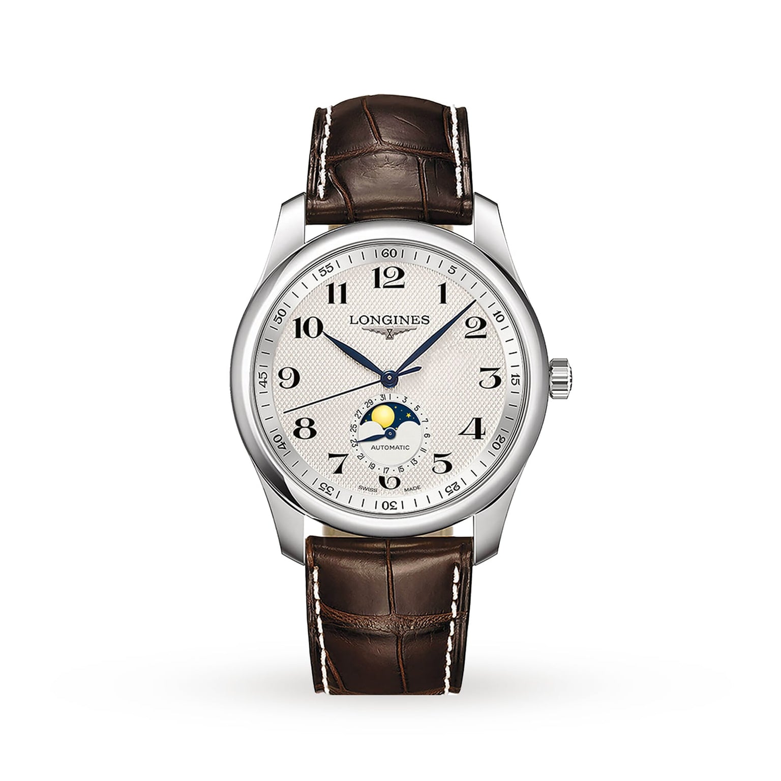 The Longines Master Collection Moonphase is a silver wristwatch with a white dial, black numerals, blue hands, moonphase chronograph display, and a brown leather strap—a timeless tribute to vintage style.
