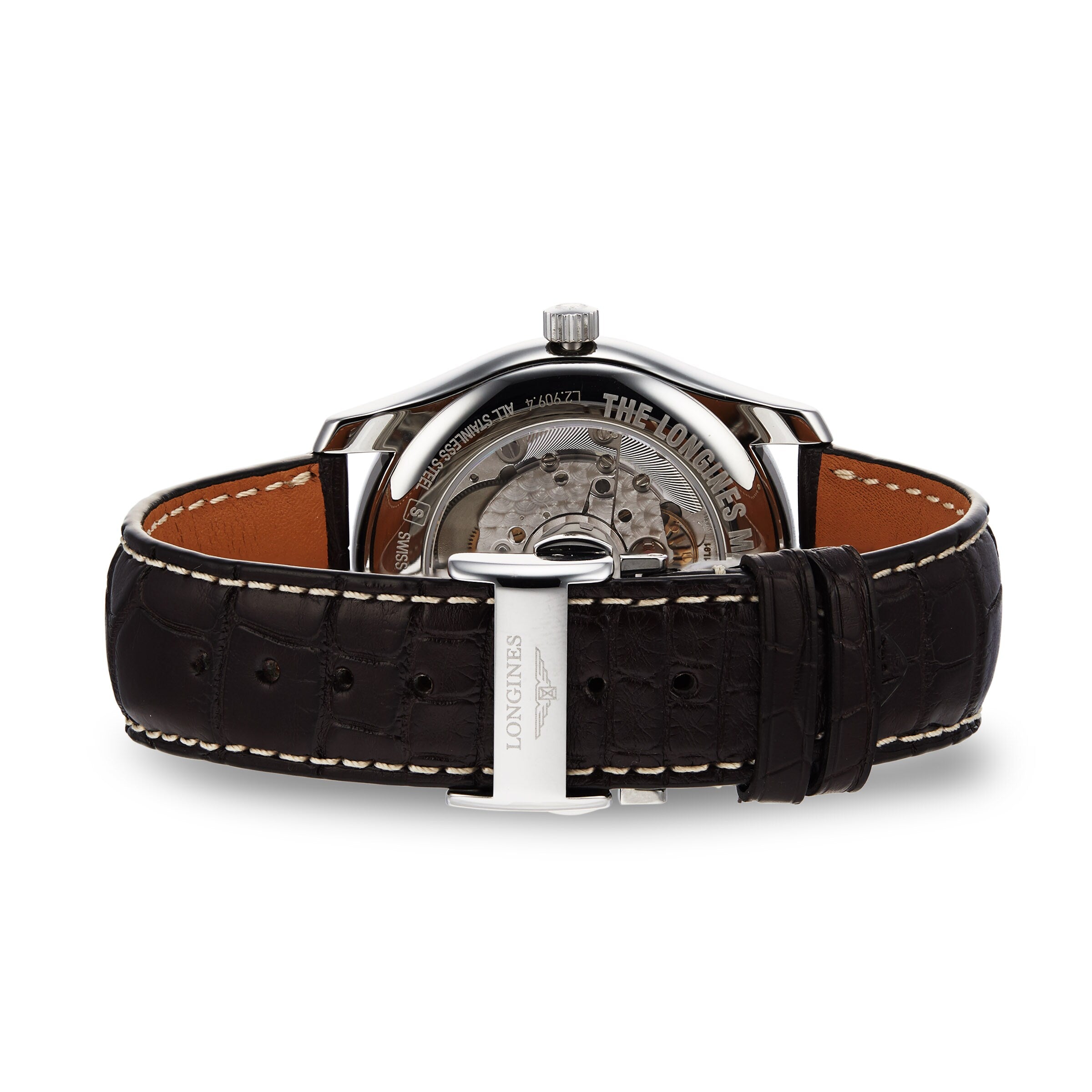 A close-up of the Longines Master Collection Moonphase shows its visible mechanical movement, brown leather strap, and metal clasp engraved with LONGINES—an elegant tribute to classic vintage timepieces.