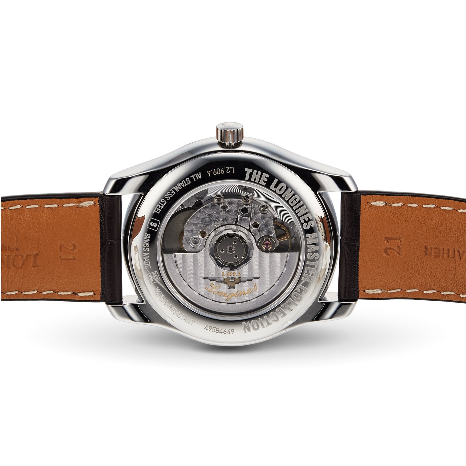The back view of the Longines Master Collection Moonphase highlights its transparent case back, visible automatic movement, and brown leather strap—a stylish nod to vintage timepieces.