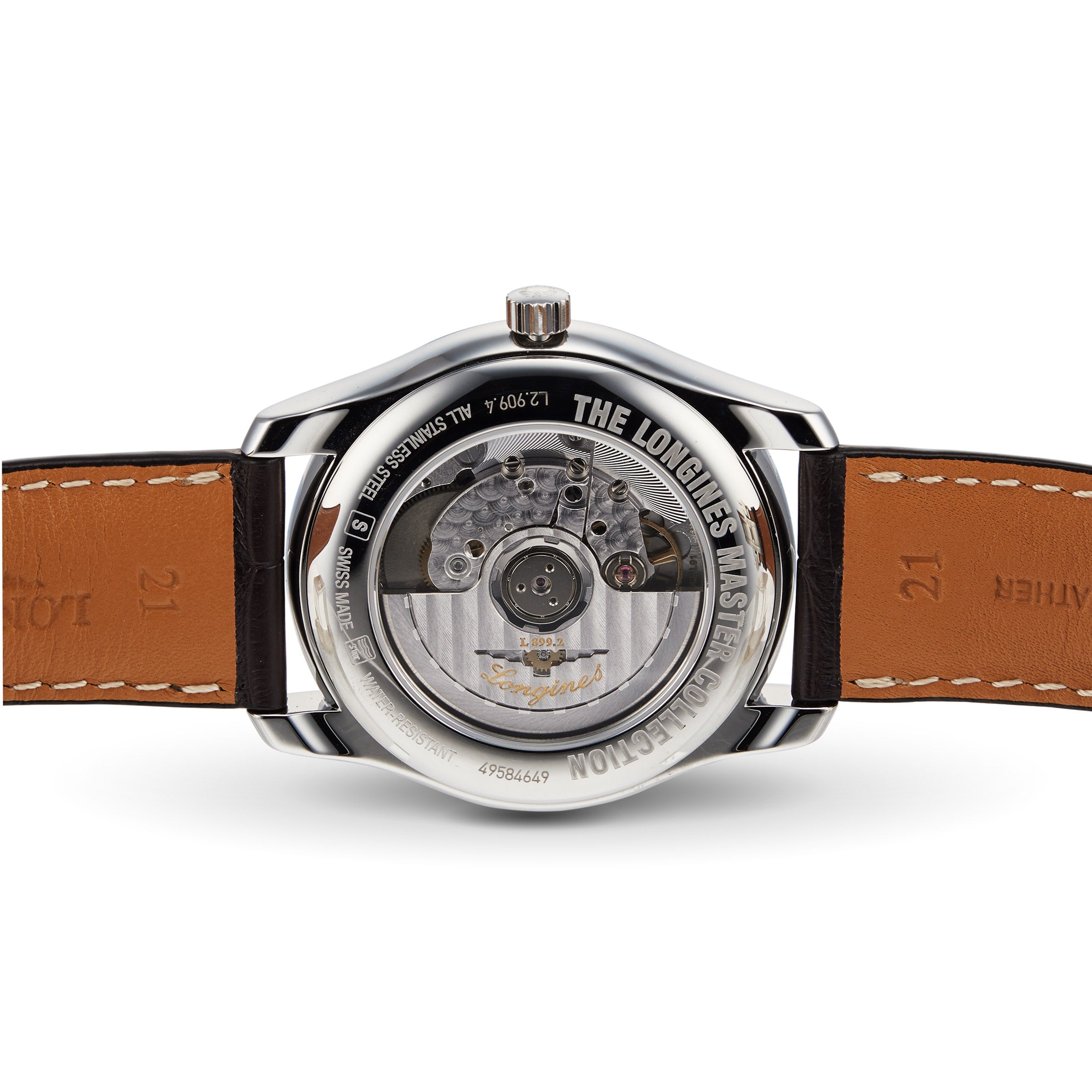 The back view of the Longines Master Collection Moonphase highlights its transparent case back, visible automatic movement, and brown leather strap—a stylish nod to vintage timepieces.