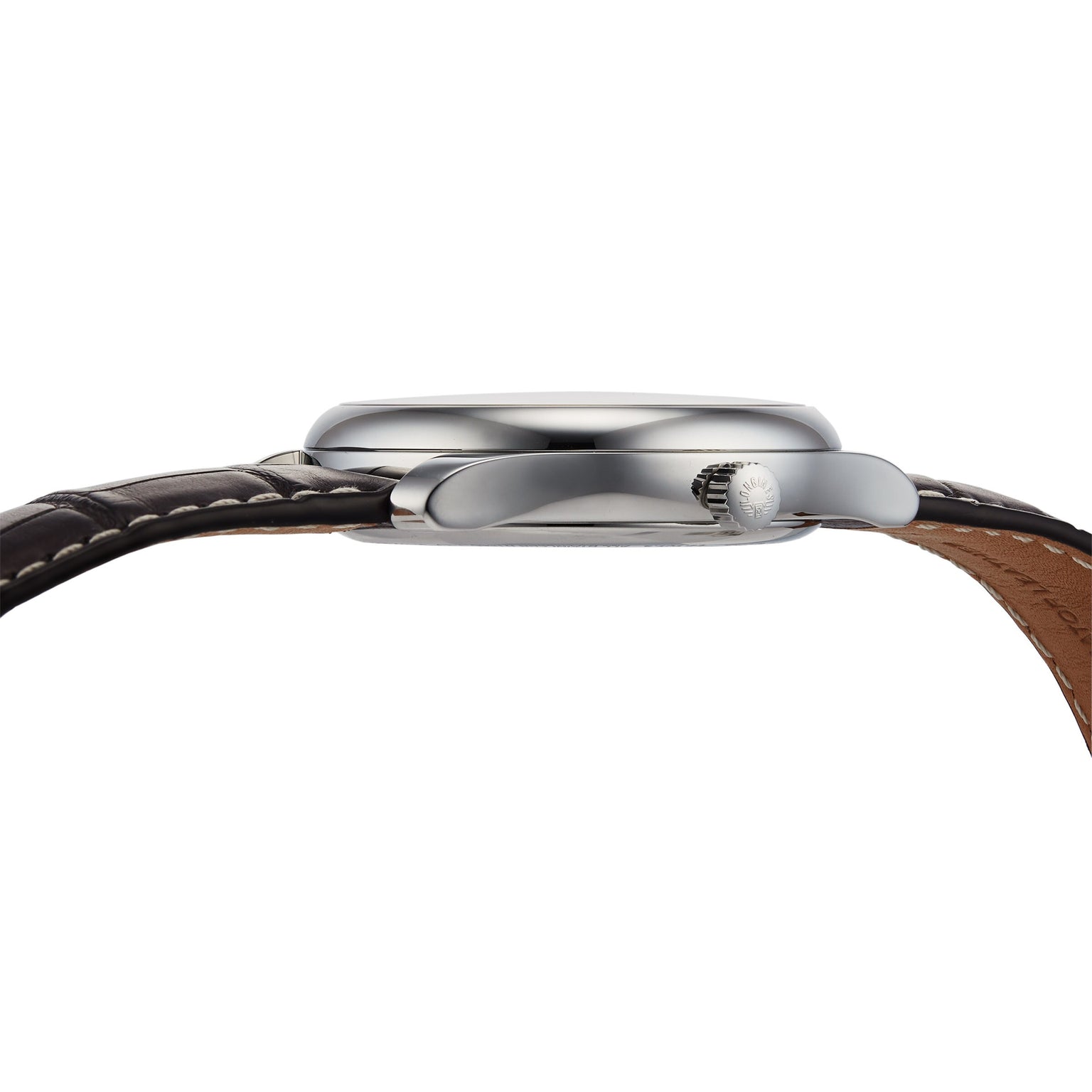 Side view of the Longines Master Collection Moonphase watch, featuring a silver case, brown leather strap, visible crown, and classic vintage-inspired design.