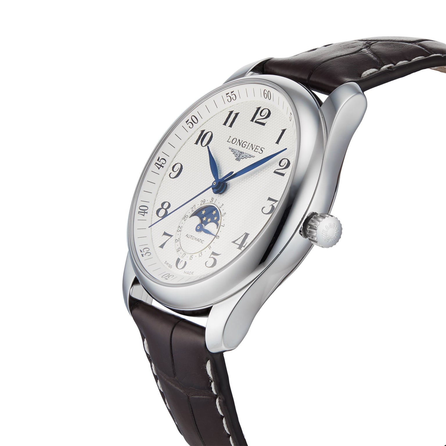 The Longines Master Collection Moonphase wristwatch, featuring a white dial with Arabic numerals, moonphase chronograph subdial, and dark brown leather strap, is displayed at an angle—evoking classic elegance.