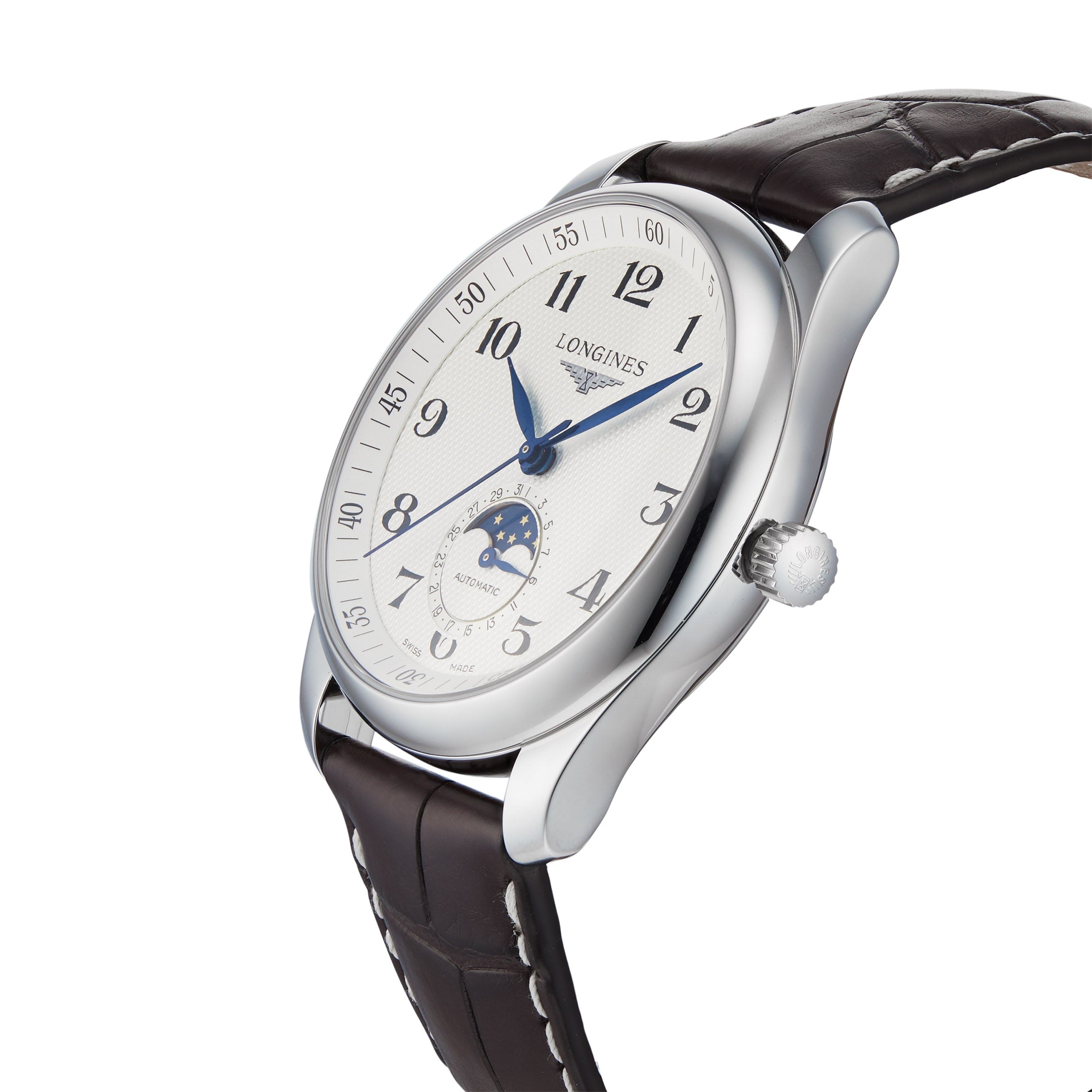 The Longines Master Collection Moonphase wristwatch, featuring a white dial with Arabic numerals, moonphase chronograph subdial, and dark brown leather strap, is displayed at an angle—evoking classic elegance.