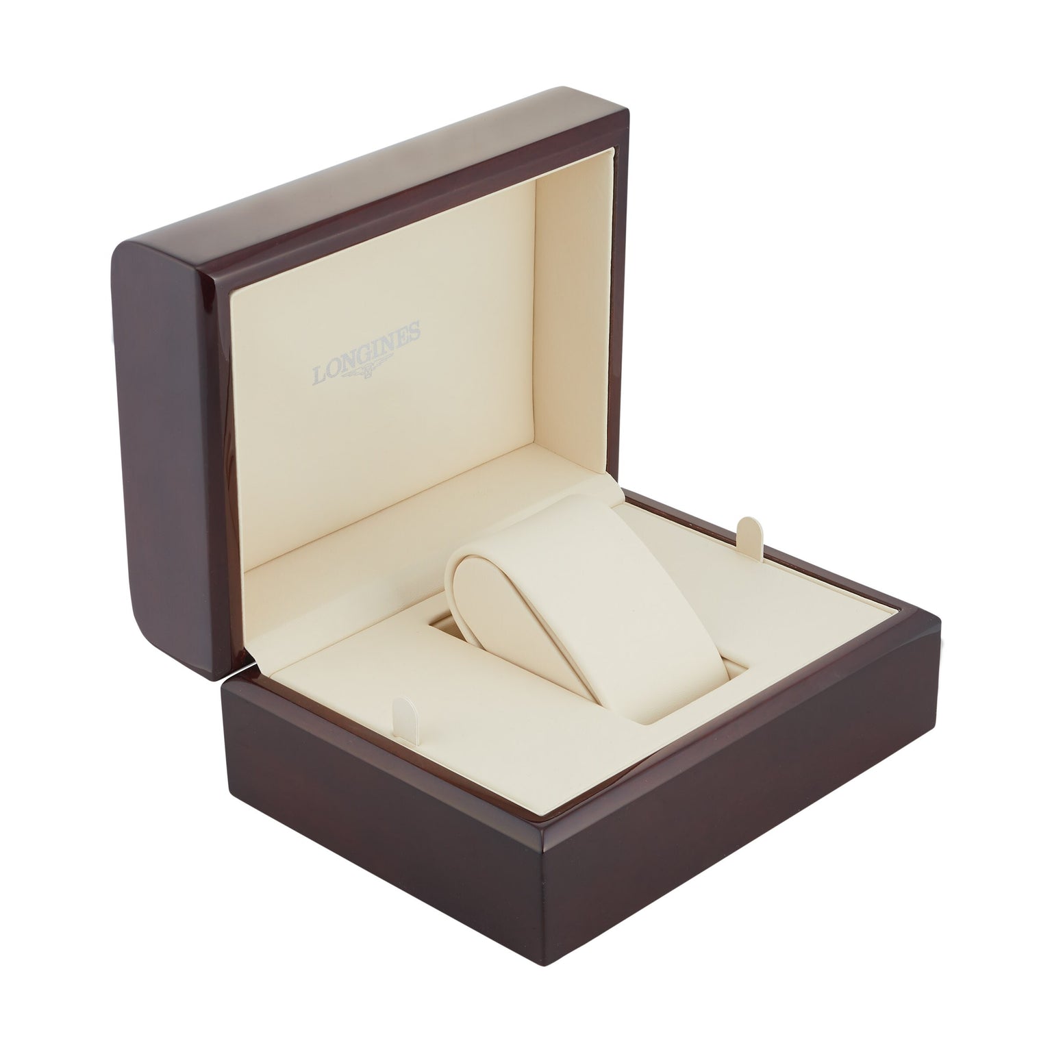 A brown and beige Longines watch box with padded interior and holder, open and empty—ideal for storing your vintage watches or prized Master Collection Moonphase by Longines.
