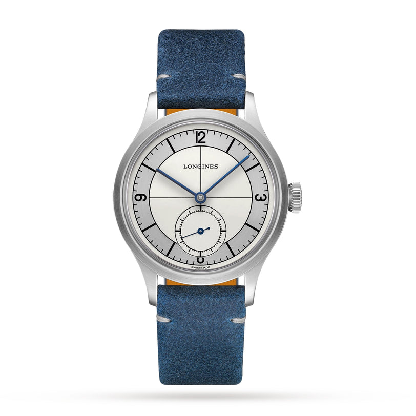 The Longines Sector Dial is a silver Heritage Classic wristwatch with a white dial, blue hands, small seconds subdial at 6 o’clock, blue leather strap, and stainless steel case.